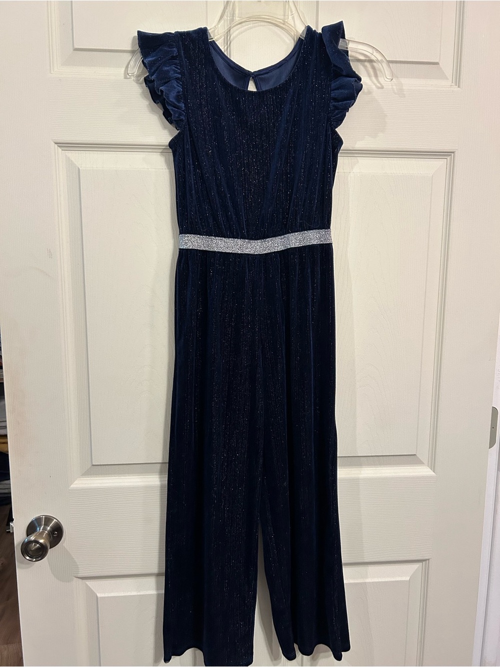 Girls Navy Blue Sparkle Jumpsuit with Silver Waist